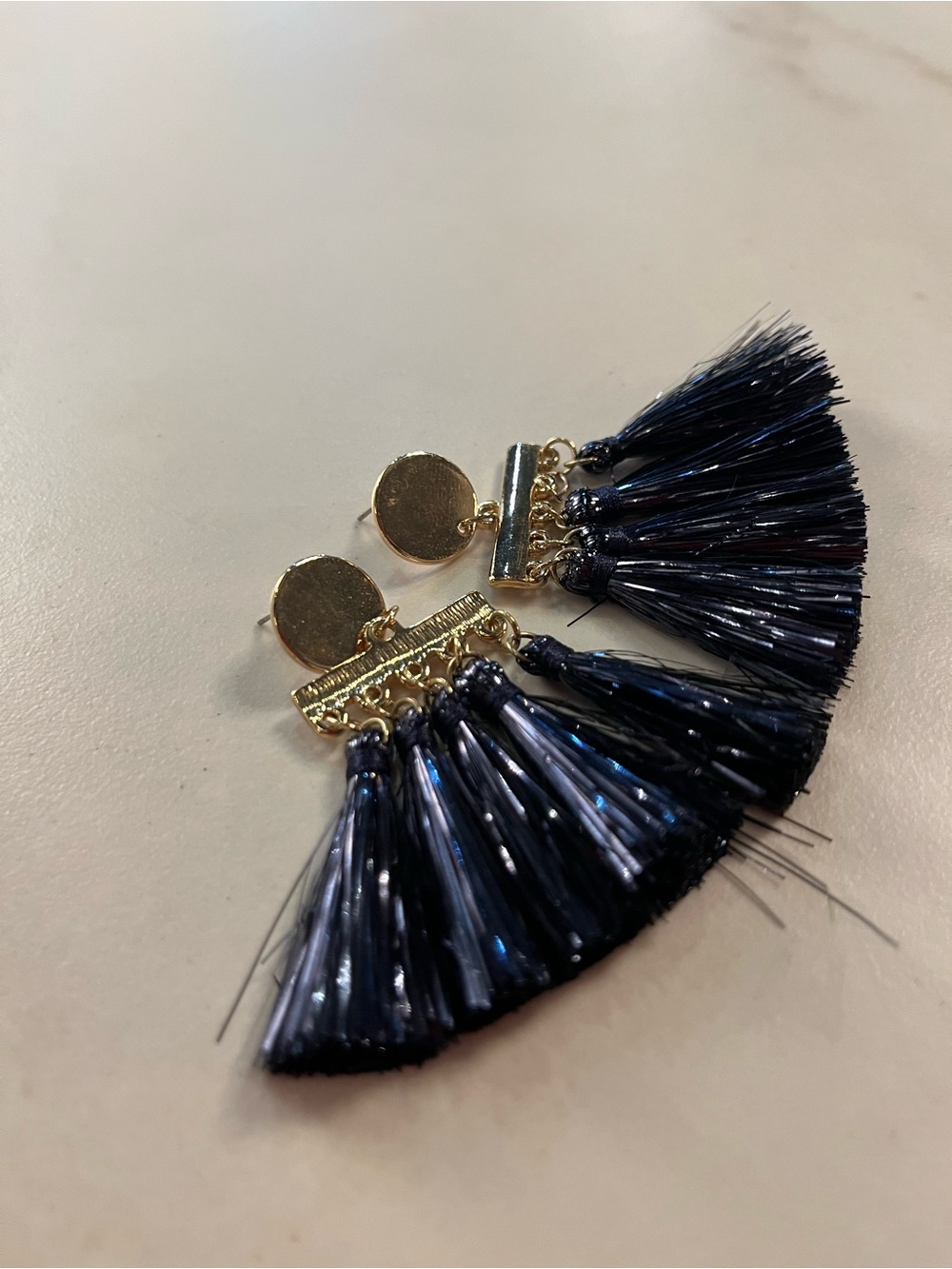 Gold and Navy Tassel Fan Drop Earrings - Women Jewelry